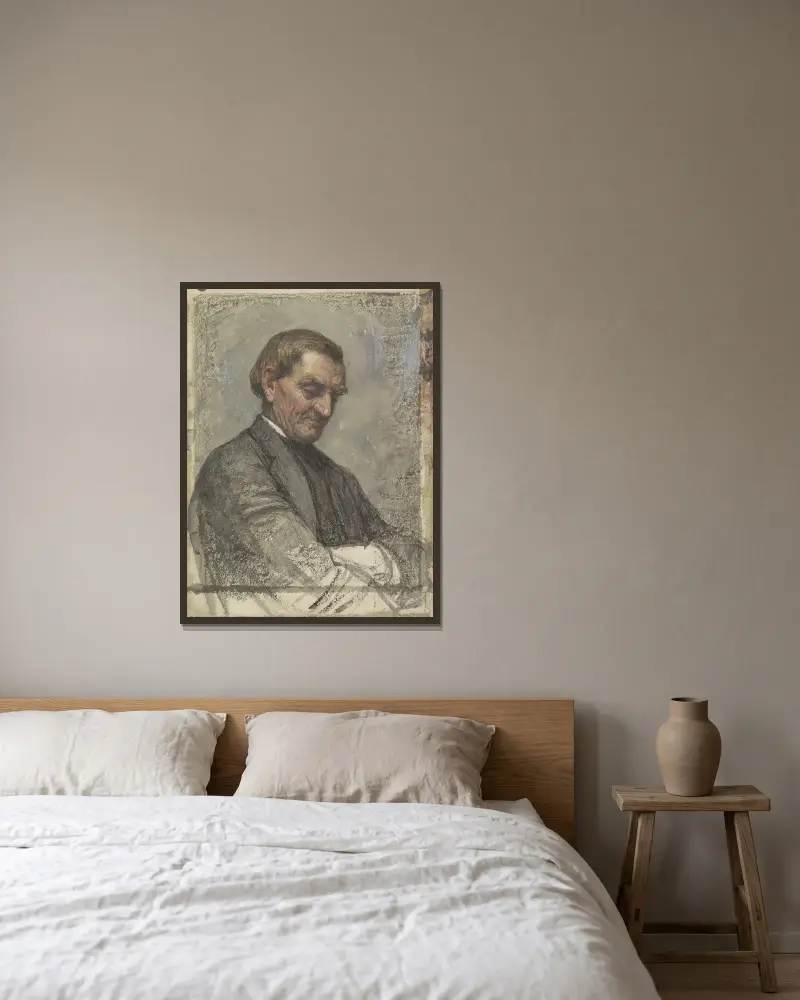 Portret van een man, met neergeslagen blik av Jan Veth inramad på en vägg