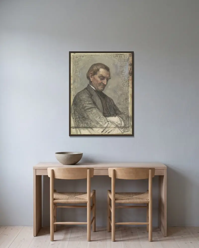 Portret van een man, met neergeslagen blik av Jan Veth inramad på en vägg