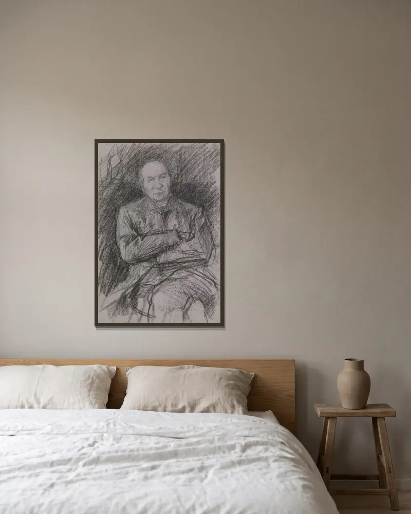 Porträtt av Frederik W. van Eeden av Jan Veth inramad på en vägg