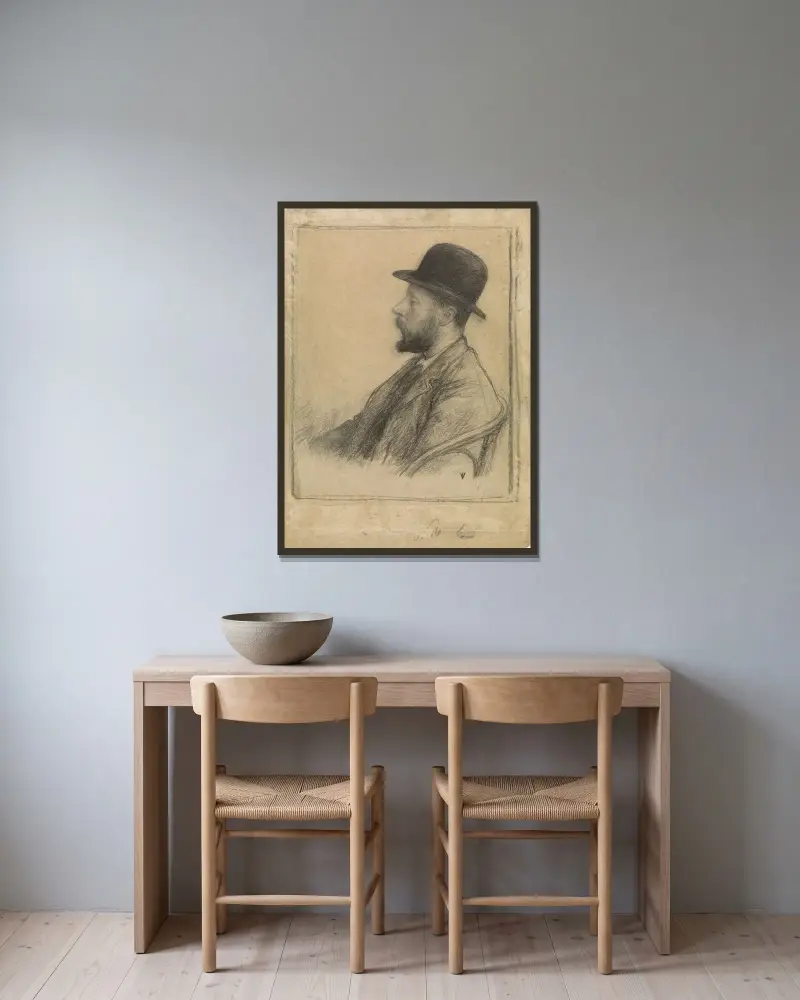 Porträtt av George Hendrik Breitner av Jan Veth inramad på en vägg