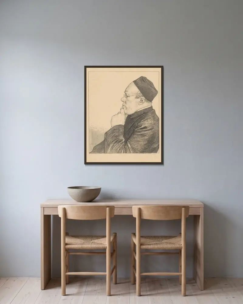 Porträtt av Herman Johannes Aloysius Maria Schaepman av Jan Veth inramad på en vägg