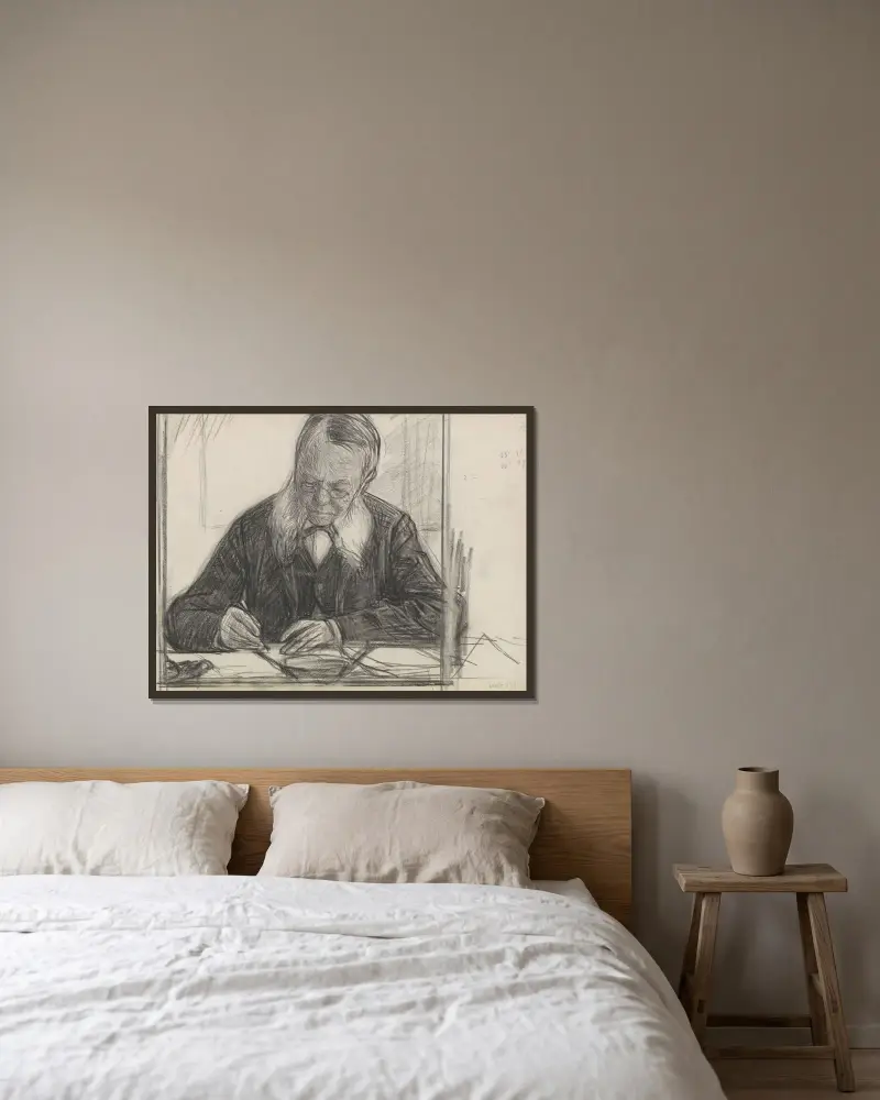 Porträtt av J.C. van Deventer, skrivande av Jan Veth inramad på en vägg