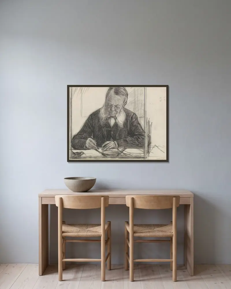 Porträtt av J.C. van Deventer, skrivande av Jan Veth inramad på en vägg