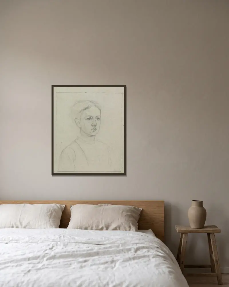 Porträtt av Johanna Veth av Jan Veth inramad på en vägg
