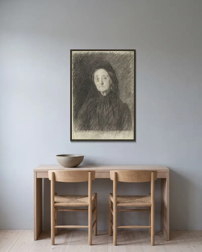 Porträtt av fru J.H. Giltay-Moll av Jan Veth inramad på en vägg