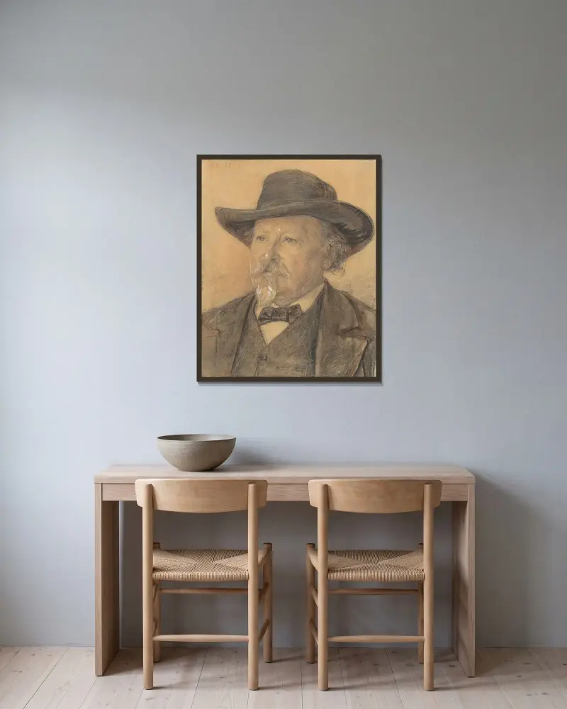 Porträtt av Philip van der Kellen av Jan Veth inramad på en vägg
