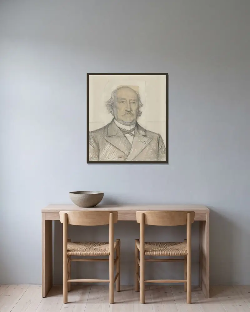Porträtt av professor dr. H.A. Kooyker av Jan Veth inramad på en vägg