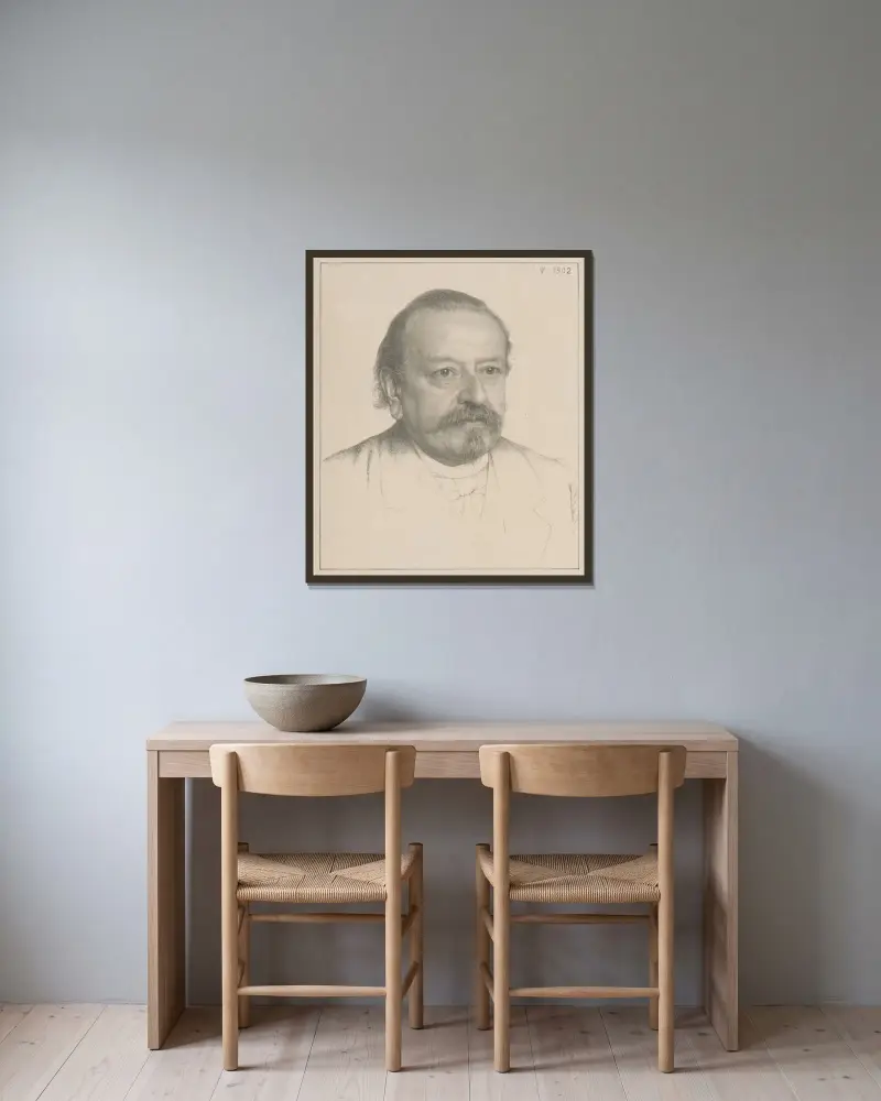 Portret van Reinier Willem Petrus de Vries av Jan Veth inramad på en vägg