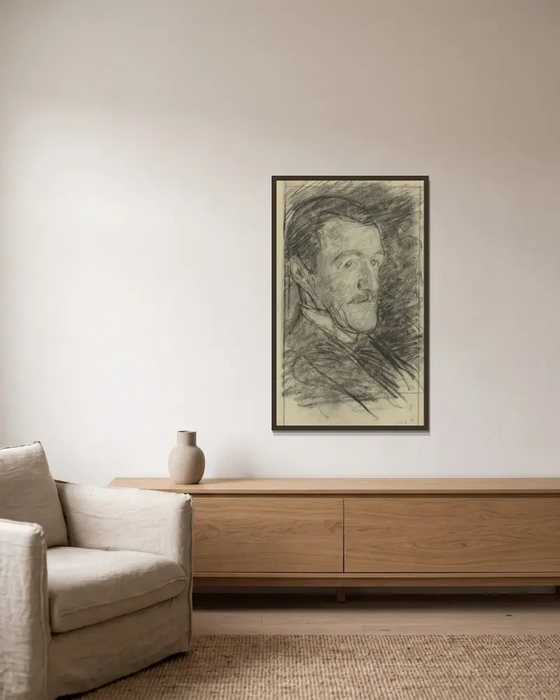 Porträtt av Richard Roland Holst av Jan Veth inramad på en vägg