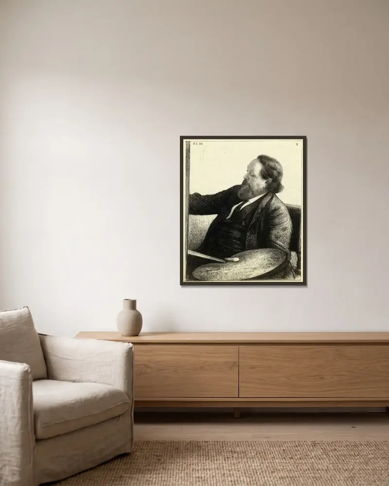 Porträtt av Willem Maris vid hans staffli av Jan Veth inramad på en vägg