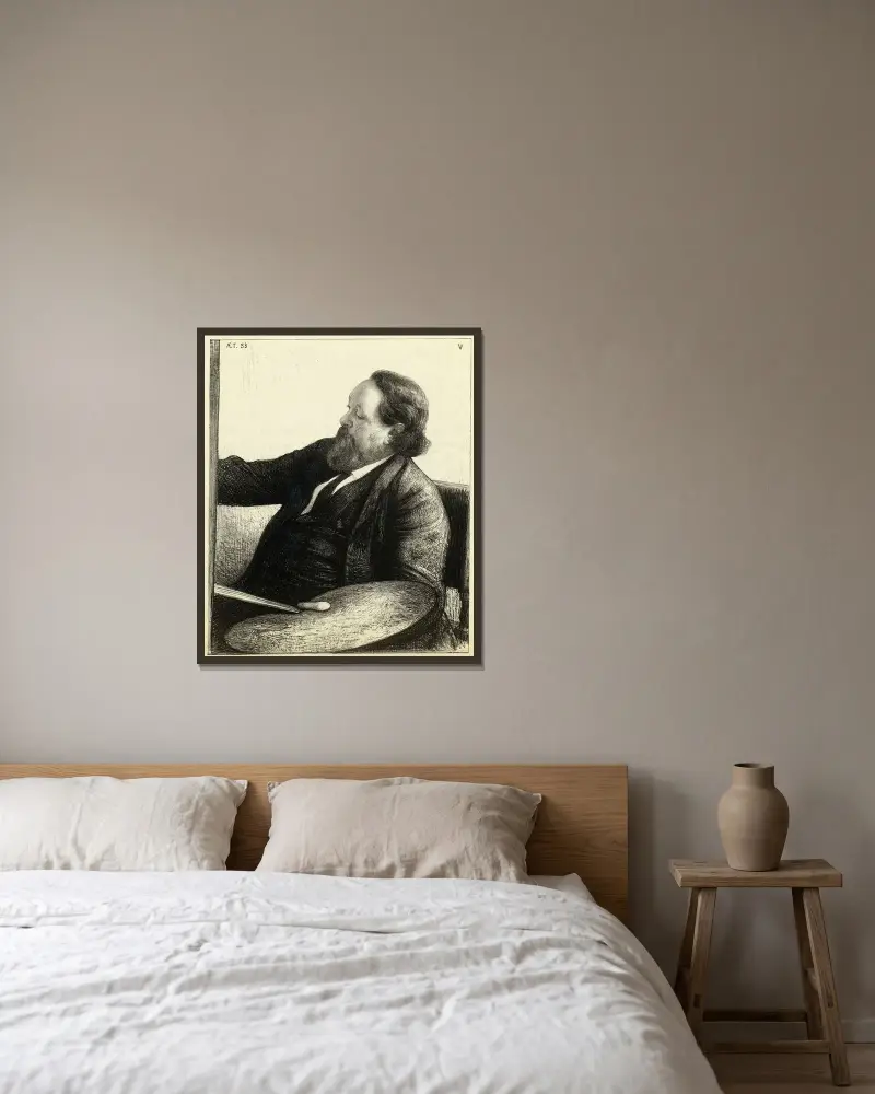 Porträtt av Willem Maris vid hans staffli av Jan Veth inramad på en vägg