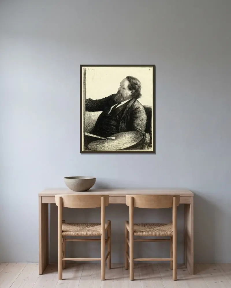 Porträtt av Willem Maris vid hans staffli av Jan Veth inramad på en vägg