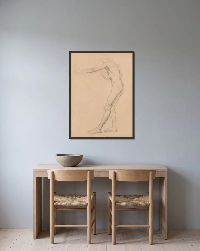 Stående manligt naket, med pil och båge av Jan Veth inramad på en vägg
