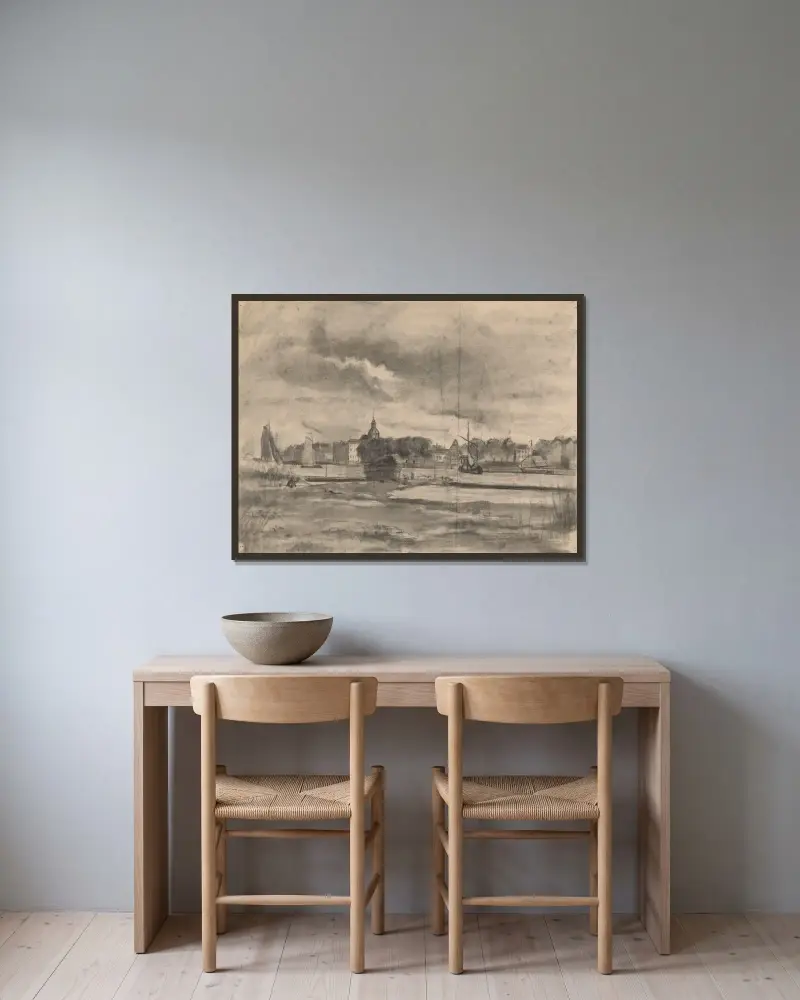 Stad vid en flod av Jan Veth inramad på en vägg