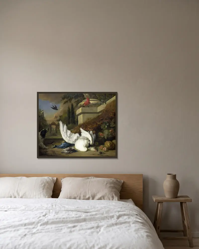 En hund med en död gås och påfågel (En studie av vilt och frukt) av Jan Weenix inramad på en vägg