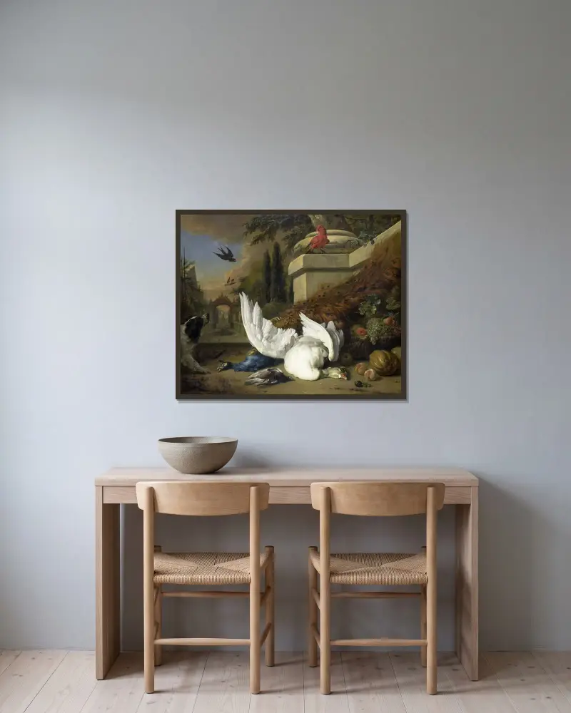 En hund med en död gås och påfågel (En studie av vilt och frukt) av Jan Weenix inramad på en vägg