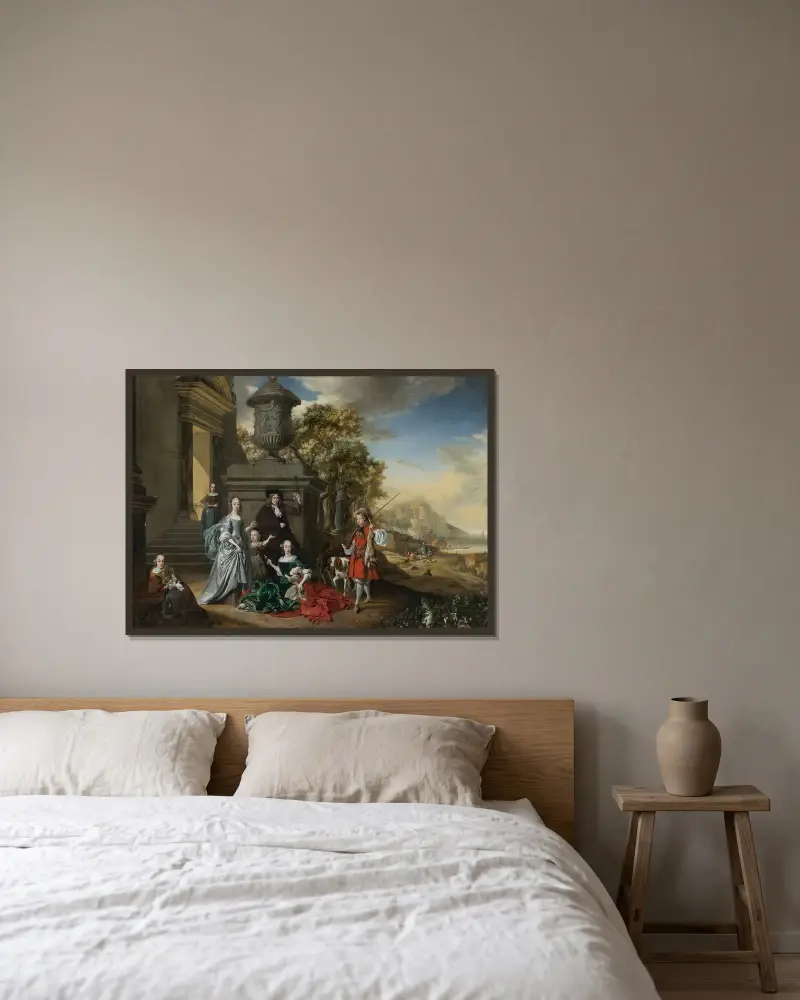 Familjeporträtt på en villas tomt med italiensk hamnvy i bakgrunden av Jan Weenix inramad på en vägg