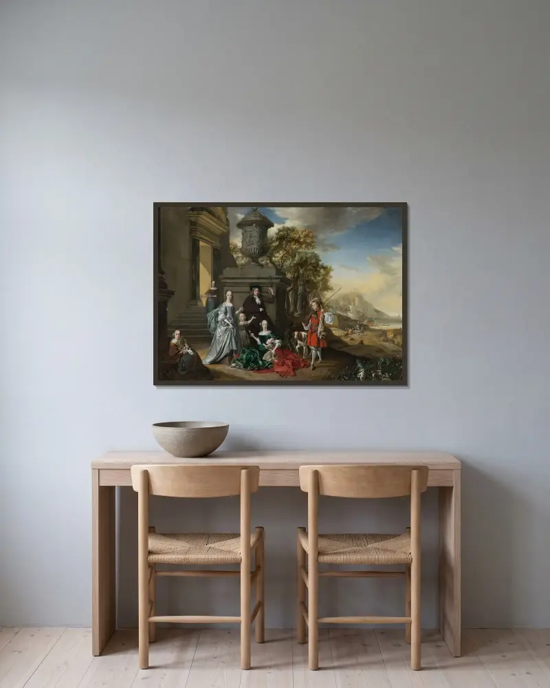 Familjeporträtt på en villas tomt med italiensk hamnvy i bakgrunden av Jan Weenix inramad på en vägg