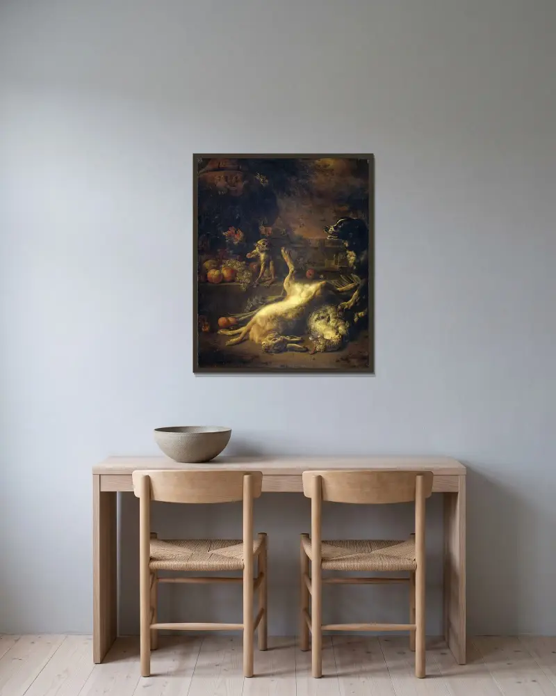 En apa och en hund med döda djur och frukt av Jan Weenix inramad på en vägg