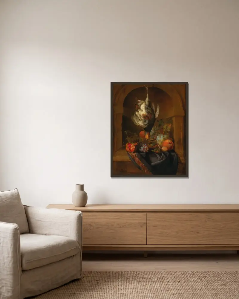 En rapphöna och frukt i en delvis draperad nisch av Jan Weenix inramad på en vägg