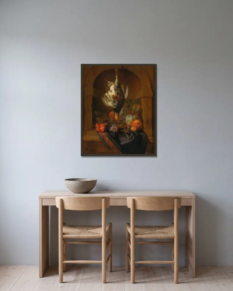En rapphöna och frukt i en delvis draperad nisch av Jan Weenix inramad på en vägg