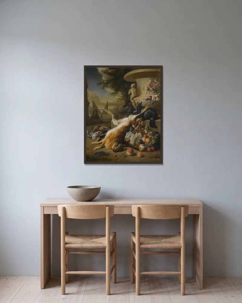 Stilleben med jaktfåglar, orrar, en hare och en kungsfiskare, med en fruktkorg vid foten av en stenurna, en prydnadsträdgård med fontän i bakgrunden av Jan Weenix inramad på en vägg