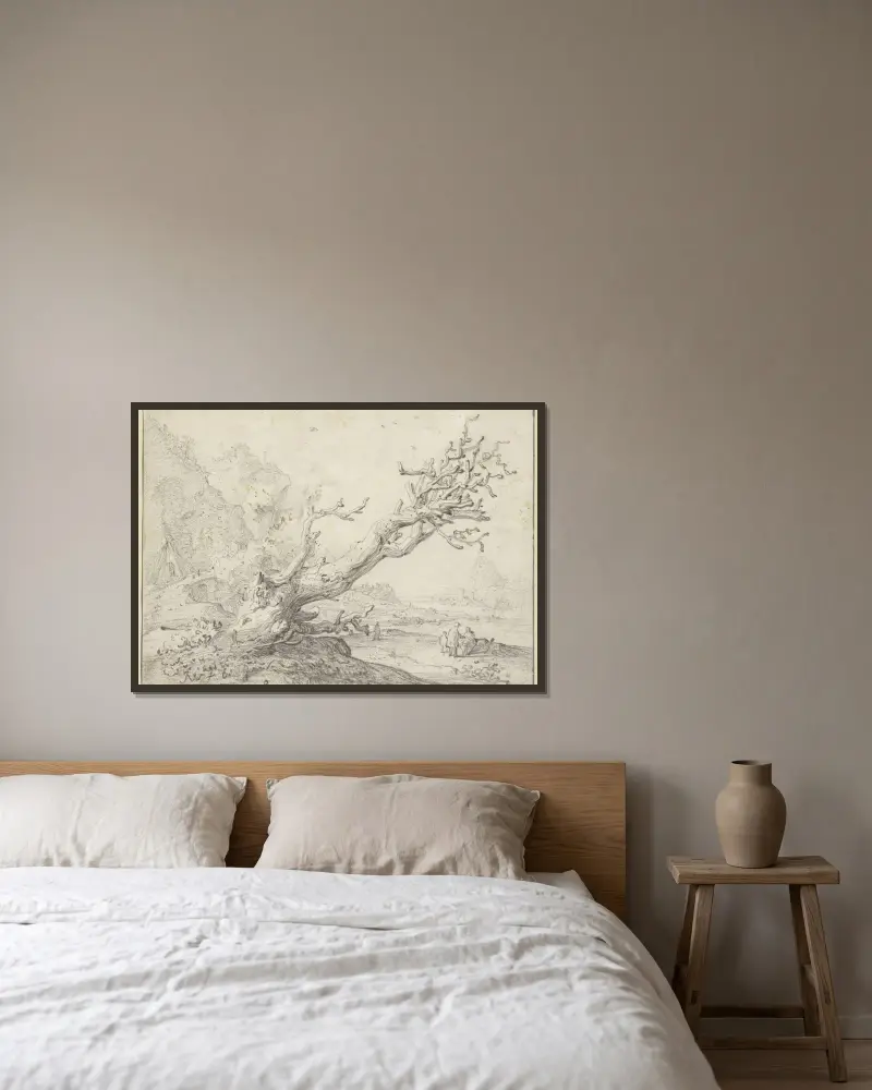 Alter dürrer Baum querüber nach rechts hängend, im Hintergrund eine Flußgegend mit mehreren Figuren av Jan Weenix inramad på en vägg