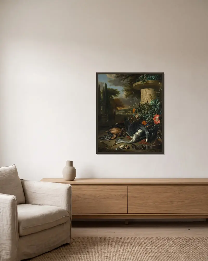 Jaktstycke med död häger av Jan Weenix inramad på en vägg
