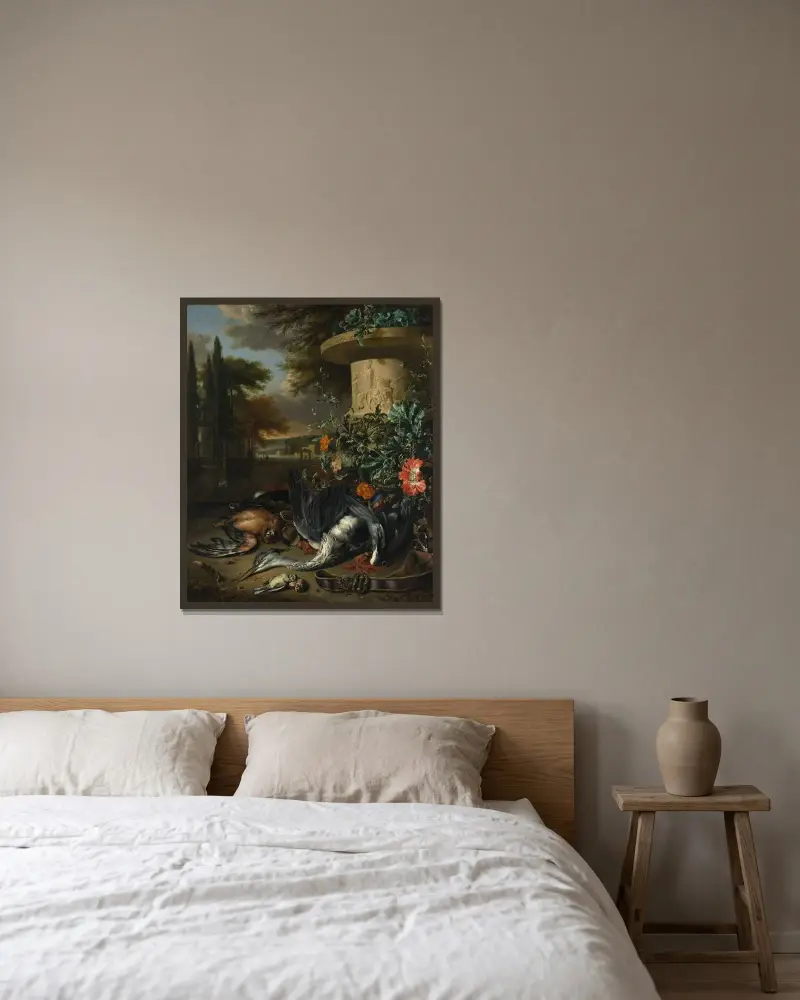 Jaktstycke med död häger av Jan Weenix inramad på en vägg