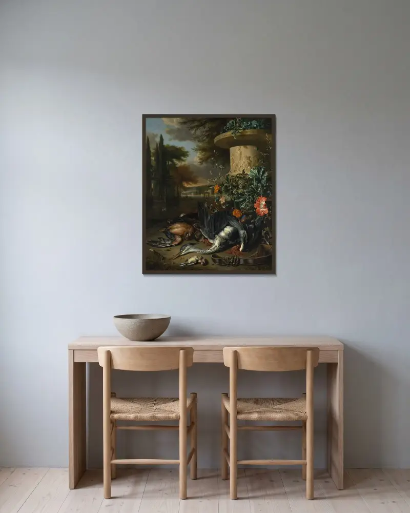 Jaktstycke med död häger av Jan Weenix inramad på en vägg