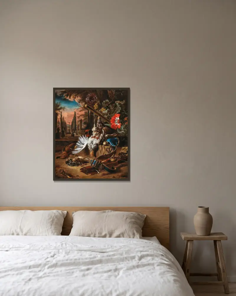 Rapphönor, sångfåglar, en anka, ett gevär och en vaktelpipa i ett parklandskap av Jan Weenix inramad på en vägg