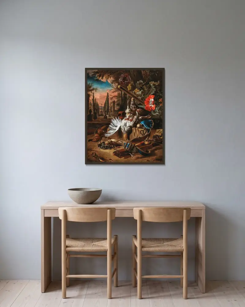 Rapphönor, sångfåglar, en anka, ett gevär och en vaktelpipa i ett parklandskap av Jan Weenix inramad på en vägg