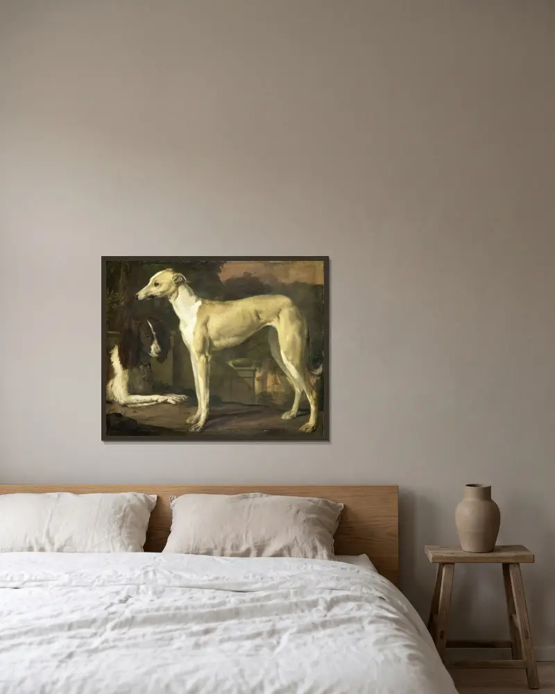 Porträtt av en vinthund och en spaniel av Jan Weenix inramad på en vägg