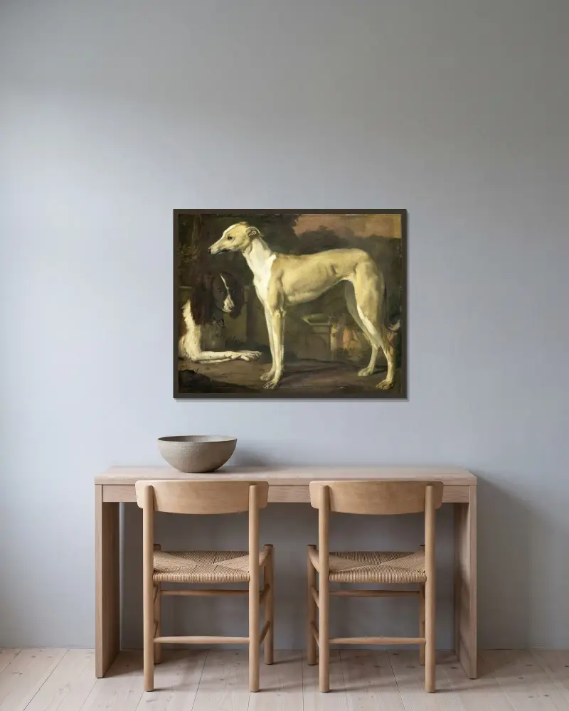 Porträtt av en vinthund och en spaniel av Jan Weenix inramad på en vägg