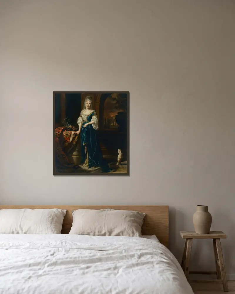 Porträt einer elegant gekleideten jungen Frau im Interieur von Jan Weenix gerahmt an einer Wand