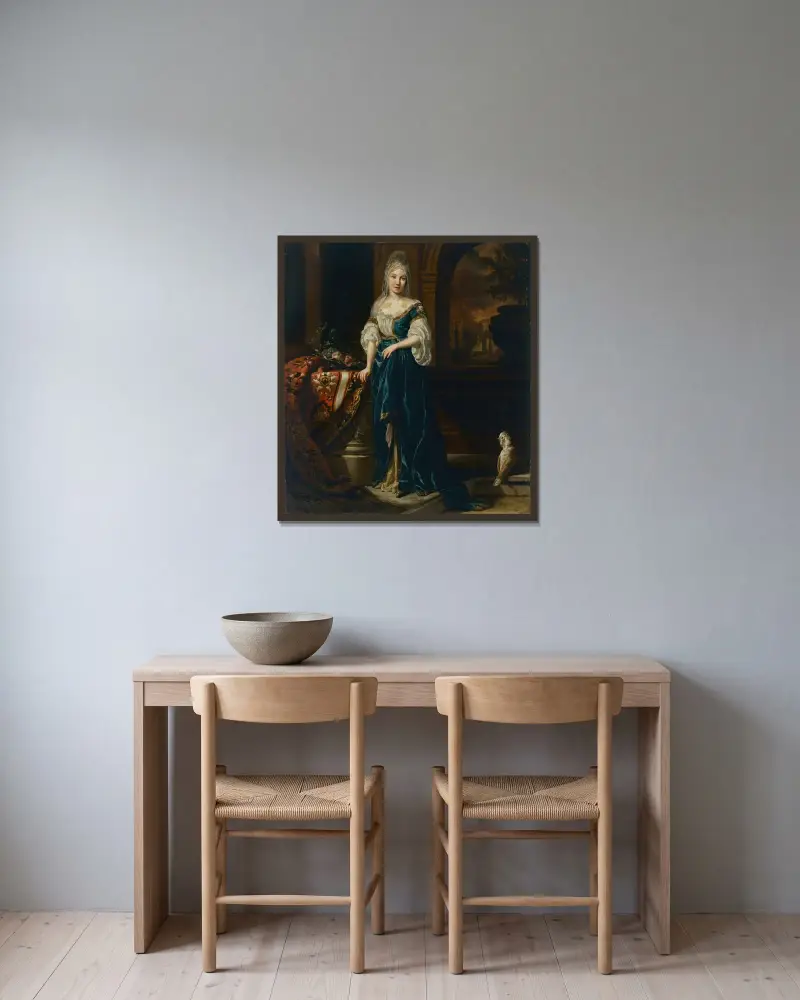 Porträt einer elegant gekleideten jungen Frau im Interieur von Jan Weenix gerahmt an einer Wand