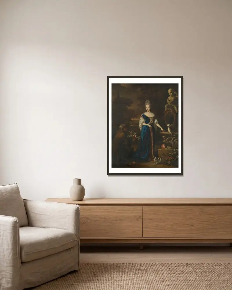 Portrait of Maria Cornelisz, Wife of Silvester van Tongeren av Jan Weenix inramad på en vägg