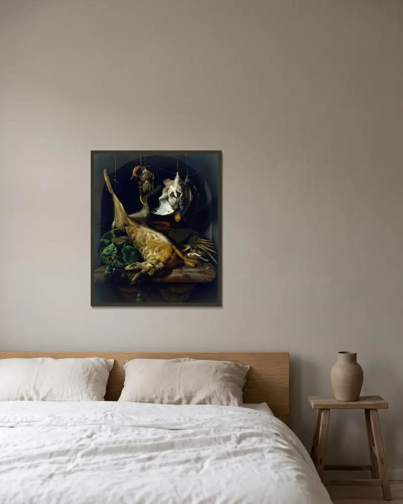 Stilleben med död hare, rapphöns och andra fåglar i en nisch av Jan Weenix inramad på en vägg