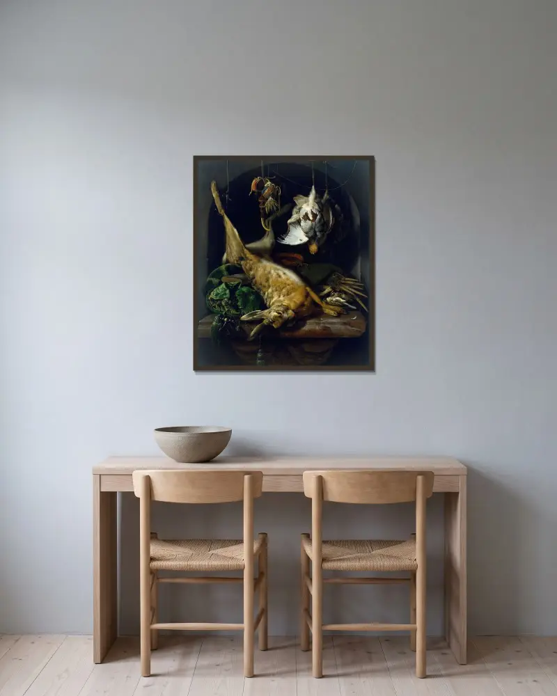 Stilleben med död hare, rapphöns och andra fåglar i en nisch av Jan Weenix inramad på en vägg
