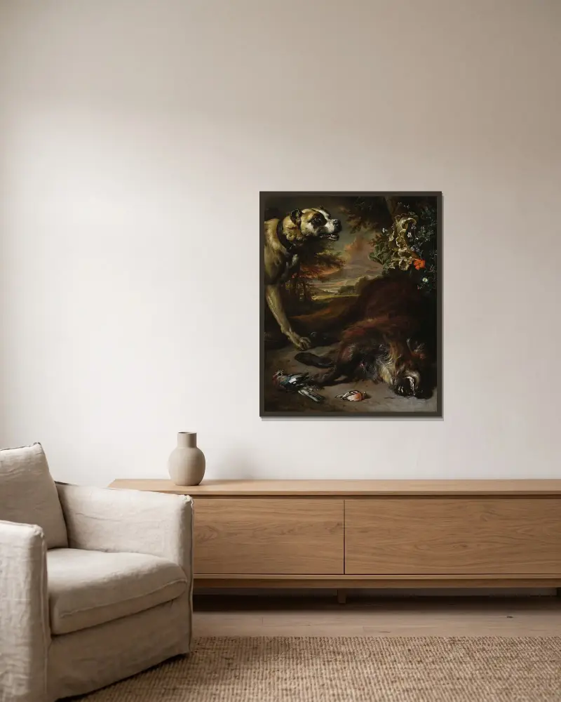 Stilleben av Jan Weenix inramad på en vägg