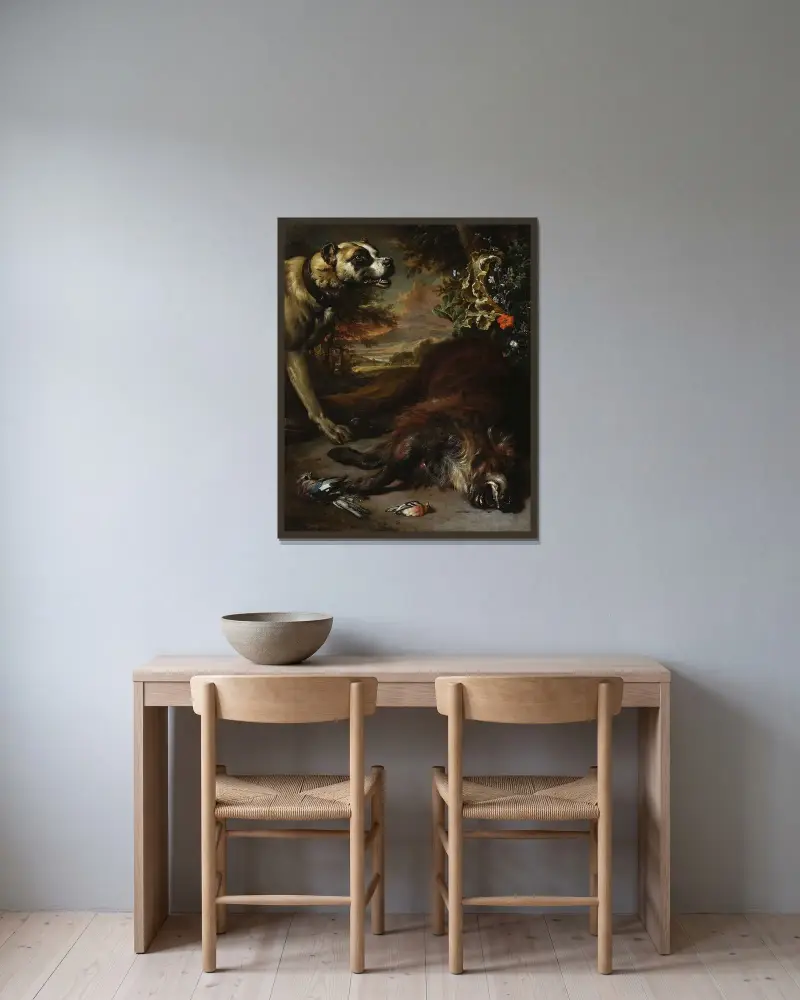 Stilleben av Jan Weenix inramad på en vägg