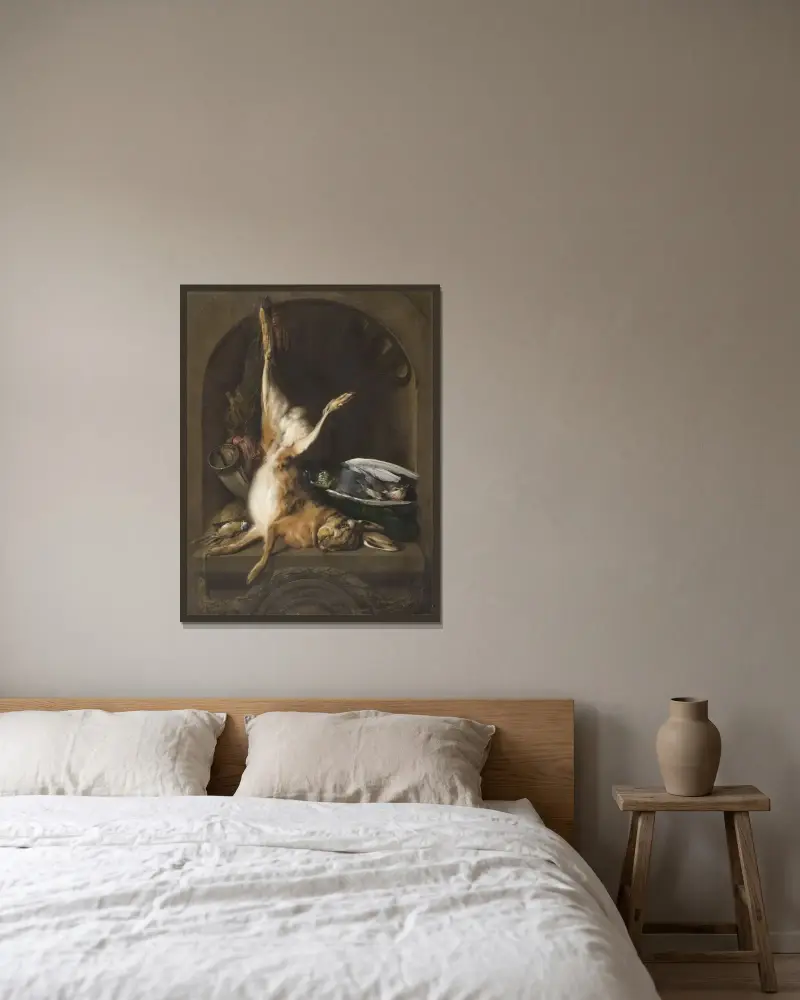 Stilleben med hare av Jan Weenix inramad på en vägg