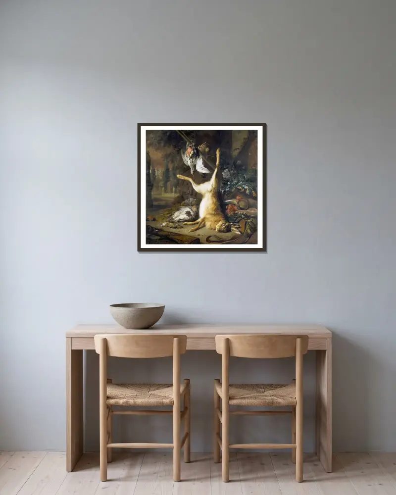 Still Life With Dead Rabbit And Birds av Jan Weenix inramad på en vägg