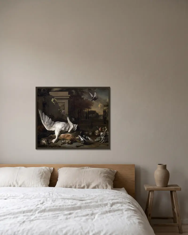 Stilleben med svan och vilt framför en lantegendom av Jan Weenix inramad på en vägg