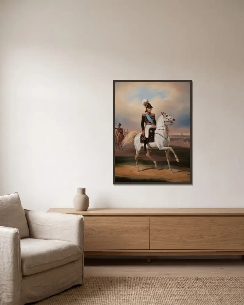 Equestrian portrait of Mr. Paskiewicz av January Suchodolski inramad på en vägg