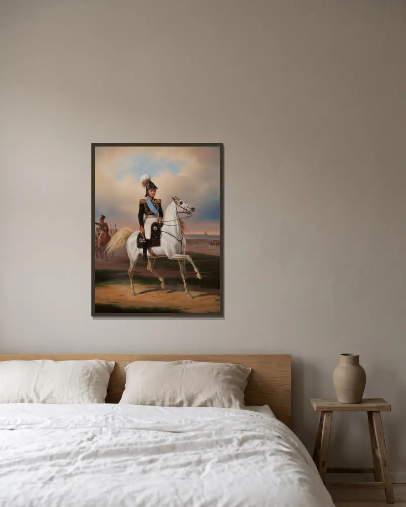 Equestrian portrait of Mr. Paskiewicz av January Suchodolski inramad på en vägg
