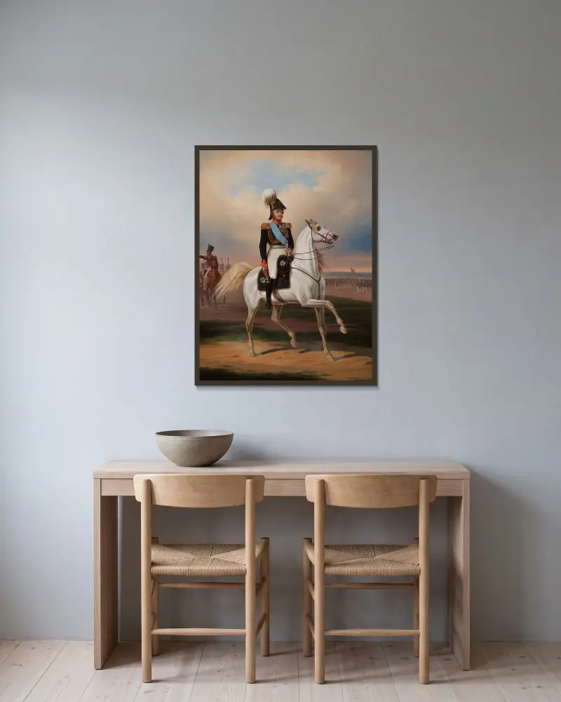 Equestrian portrait of Mr. Paskiewicz av January Suchodolski inramad på en vägg