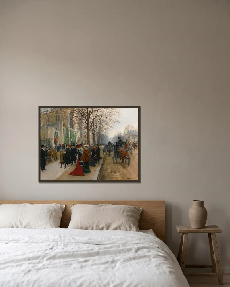 Efter gudstjänsten i Heliga Treenighetskyrkan, julen 1890 av Jean Béraud inramad på en vägg