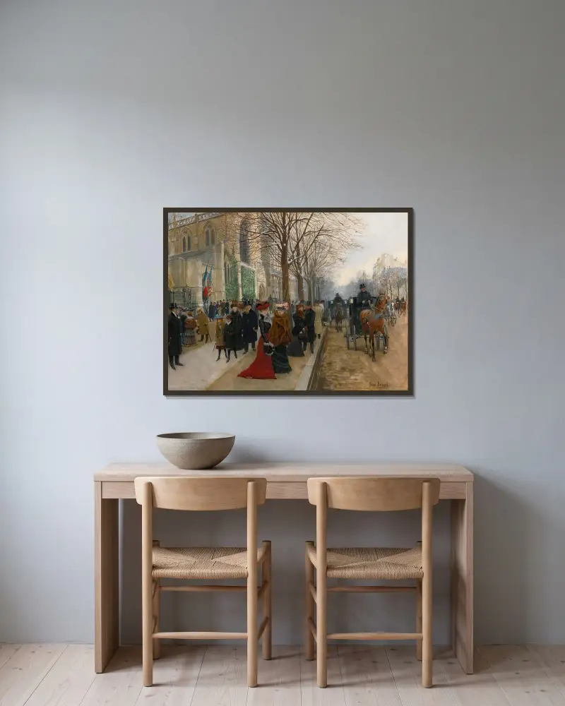 Efter gudstjänsten i Heliga Treenighetskyrkan, julen 1890 av Jean Béraud inramad på en vägg