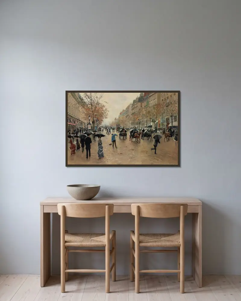 Boulevard Poissonnière på hösten av Jean Béraud inramad på en vägg